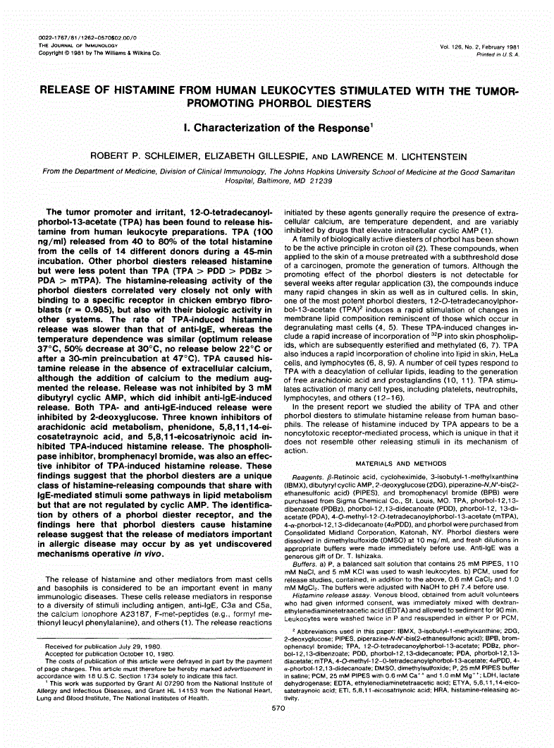 Release of histamine from human leukocytes stimulated with the tumor