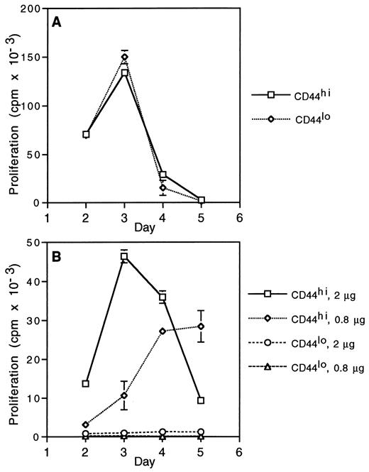 FIGURE 5. CD44lowCD8+ OT-1 LNC proliferate weakly in response to class I Ag and rIL-2 at all times tested. A, OT-1 LNC (5 × 104-sorted CD44lowCD8+ and CD44highCD8+) were cultured with 1 × 105 irradiated C57BL/6 spleen cells that had been pulsed with OVA257–264 peptide at 0.2 μM. Proliferation was measured on days 2 through 5. B, OT-1 LNC (5 × 104-sorted CD44lowCD8+ and CD44highCD8+) were cultured with 1 × 105 latex beads coated with purified H-2Kb at 2.0 μg and 0.8 μg/107 beads and pulsed with OVA257–264 peptide at 2 μM. All cultures contained rIL-2 at 5 U/ml. Proliferation was measured on days 2 through 5. Proliferation in response to H-2Db-coated beads pulsed with OVA257–264 peptide was <2500 cpm for CD44high cells and <250 cpm for CD44low cells at all times tested.