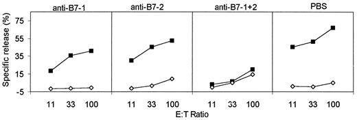 FIGURE 1. The induction of CTLs to exogenous Ag in vivo can be blocked by an infusion of anti-B7-1 and anti-B7-2 mAbs. C57BL/6 mice were injected s.c. with 60 μg of OVA-beads. Mice were injected i.p. on days −1 and 3 with 100 μg of the indicated Abs in 0.5 ml of PBS. Mice were sacrificed on day 7, and spleen cells were restimulated in vitro with EG7 cells (EL4 transfected with OVA). The data depict CTL activity as measured by a 51Cr release of restimulated cells against EG7 cells (▪) or EL4 cells (⋄).