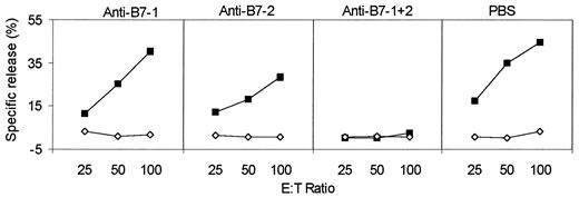 FIGURE 6. The CTL response to replicating recombinant vaccinia in MHC class II-deficient mice is inhibited only by a combination of anti-B7-1 and anti-B7-2 Abs. MHC class II-deficient mice were injected i.p. with 2 × 107 PFU of recombinant vaccinia (TK−). Mice were injected i.p. on days −1 and 3 with 100 μg of the indicated Abs in 0.5 ml of PBS. Mice were sacrificed on day 6, and the CTL activity of fresh spleen cells was measured against vaccinia-infected (▪) or uninfected (⋄) MC57G cells.