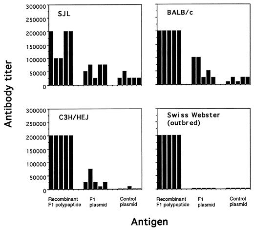 FIGURE 4. H-2 dependency of secondary Ab responses to F1 plasmid immunization. Ab responses of mouse haplotypes H-2s (SJL), H-2d (BALB/c), H-2k (C3H/HEJ), and outbred (Swiss-Webster) are shown. Sera were examined after immunization (total of three injections) with recombinant F1 polypeptide, F1 expression plasmid, or empty plasmid (control). Values shown are mean Ab titers (SEM < 10%) measured by ELISA.
