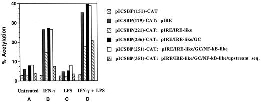 FIGURE 7. Expression of the ICSBP promoter construct, pICSBP(351)-CAT, and its deletion plasmids in RAW 264.7 cells stimulated with LPS with or without IFN-γ. RAW 264.7 cells were transfected with 1 μg of each plasmid by the Lipofectamine transfection method. On the following day, cells were treated with medium only (A) or with IFN-γ (5 U/ml; B), LPS (10 ng/ml; C), or both (D) for 8 h. Cells were then harvested and extracted, and the levels of CAT activity were measured. The percent acetylation is shown on the y-axis. The data are derived from a single experiment that is representative of at least three independent experiments. The additional cis elements contained within each construct are listed in the figure for convenience.