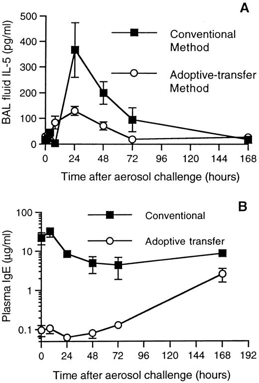 FIGURE 2. Time course of BAL IL-5 and plasma IgE levels. IL-5 ELISAs were performed on samples obtained from the conventional and adoptive transfer time-course experiments (A). An initial spike in BAL IL-5 levels was observed at 24 h in both models, then returned to lower levels before the 72 h point. Levels of plasma IgE, as determined by ELISA, were elevated in i.p. sensitized mice (conventional), but were low to undetectable in the adoptive transfer recipients until 72 h after challenge (B).