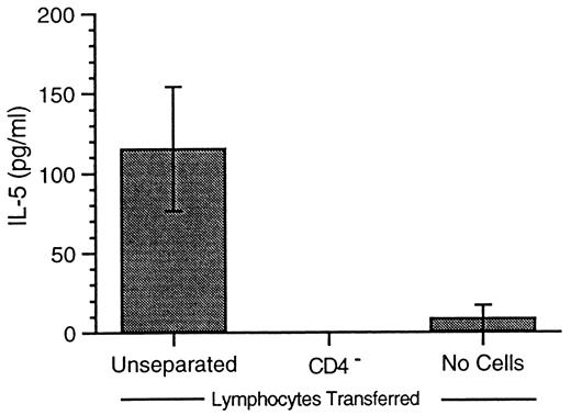 FIGURE 6. CD4+ cells are required for pulmonary IL-5 production. BAL fluid IL-5 levels were assessed by ELISA 24 h after aerosol challenge in mice that received a transfer of unseparated, CD4+-depleted, or no OVA-sensitized splenocytes. Both the CD4+-depleted and naive mice (no injection) exhibited significantly (p < 0.05) less pulmonary IL-5 production.