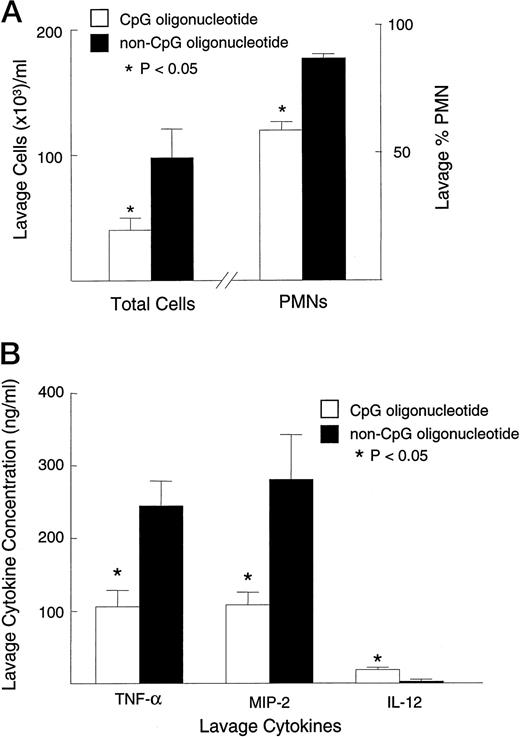 FIGURE 2. Concentration of total cells and percentage of PMNs (A) and concentration of cytokines (B) in the whole lung lavage fluid following inhalation of E. coli LPS. At 2 h before the inhalation challenge, mice were treated i.v. with 25 μg of an oligonucleotide containing embedded CpG motifs or with an oligonucleotide without CpG motifs. Five mice were used for each condition. Error bars, SE.