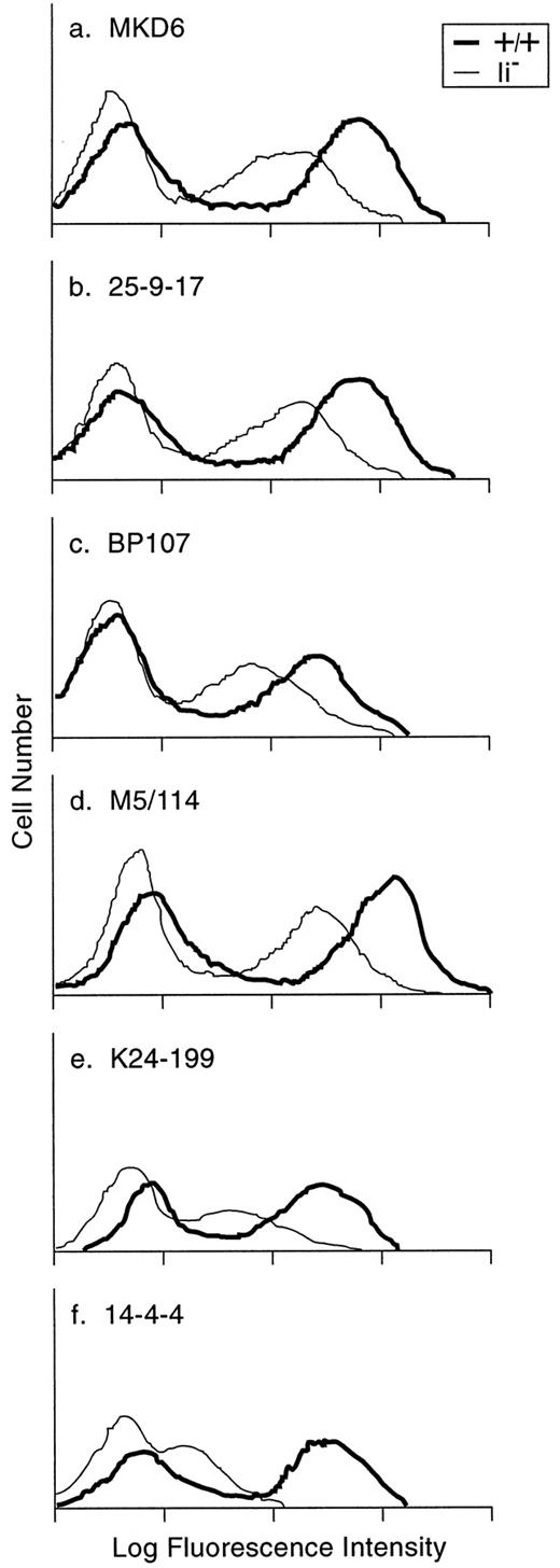 FIGURE 1. Surface expression of Ii chain-dependent conformational epitopes. Splenocytes from +/+ (thick line) or Ii− (thin line) BALB/c mice were stained with biotin-conjugated mAbs followed by FITC-conjugated avidin.