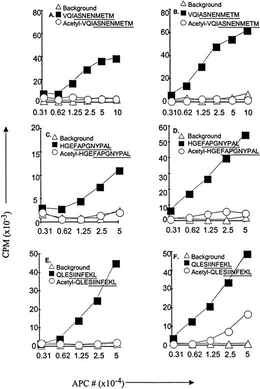 FIGURE 5. Ag presentation from oligopeptides with blocked N termini was impaired. E36/Db APCs (A and B) and LB27.4 APCs (C, D, E, and F) were electroporated with 3 μg (A) or 10 μg (B) of VQIASNENMETM or acetylated-VQIASNENMETM peptides; 5 μg (C) or 20 μg (D) of HGEFAPGNYPAL or acetylated-HGEFAPGNYPAL peptides; and 0.2 μg (E) or 1 μg (F) of QLESIINFEKL or acetylated-QLESIINFEKL peptides, as described previously (53 ). Cells were then either fixed immediately (background) or after a 2-h incubation at 37°C. The specific responses were assayed with 12.33 hybridoma (for ASNENMETM) or with B3.4D8 hybridoma (for FAPGNYPAL) and RF33.70 T hybridoma (for SIINFEKL). The data for each different Ag (Flu, Sendai, and OVA) come from independent experiments. However, the data for each pair of acetylated and its corresponding unmodified peptide come from the same experiment. All experiments were repeated at least three times.
