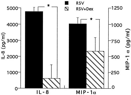 FIGURE 4. Dex inhibition of IL-8 and MIP-1α release from RSV-stimulated neutrophils. Neutrophils were preincubated with 1 μM dex for 3 h before the addition of RSV. The effects of dex on IL-8 and MIP-1α release are shown in the left and right panels, respectively. For IL-8, n = 4, and for MIP-1α, n = 5. ∗, p < 0.05.