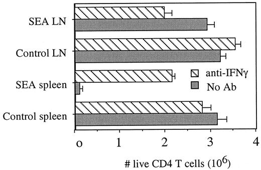FIGURE 6. The IFN-γ-dependent suppression develops in the spleens, but not the peripheral LN, of SEA-treated animals. Five days after SEA injection (25 μg), the spleens and peripheral LN were removed from a group of four SEA-treated AND mice and a group of four HBSS-treated control animals. The spleens from each group were pooled and enriched for CD4 T cells as described in Fig. 5. The peripheral LN from each group were also pooled and enriched for CD4 T cells. After enrichment, the CD4 T cells were restimulated in vitro with 5 μM PCCF, APC, and IL-2 as before. Half the cultures also received neutralizing Abs to IFN-γ. Four days later, the cultures were analyzed for live CD4 T cells.