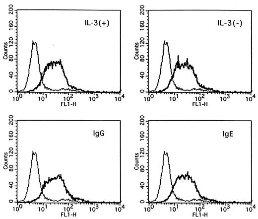 FIGURE 1. Expression of cell surface Fas Ag on MC/9 cells. MC/9 cells were cultured with or without IL-3, or by cross-linking of FcεRI with IgE/Ag (IgE) or FcγR by 50 μg/ml of aggregated IgG for 24 h, and cell surface Fas Ag was stained by single-color indirect immunofluorescence. MC/9 cells cultured under each condition were incubated with rat anti-mouse Fas mAb (bold line) or an isotype control of rat IgG (thin line) for 1 h. After washing, FITC-conjugated goat F(ab′)2 of anti-rat IgG was added and incubated another 1 h. Then flow cytometric analyses were performed by a FACScalibur flow cytometer. A representative of three experiments is shown.