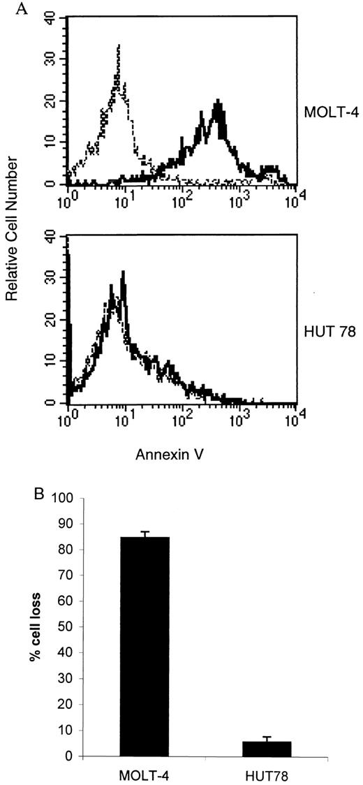 FIGURE 1. CD7− HUT78 cells were not susceptible to galectin-1. Cell death was measured by annexin V binding (A) and cell loss (B). CD7+ MOLT-4 cells were very susceptible to galectin-1 death, while galectin-1 treatment of HUT78 cells resulted in minimal annexin V binding or cell loss.