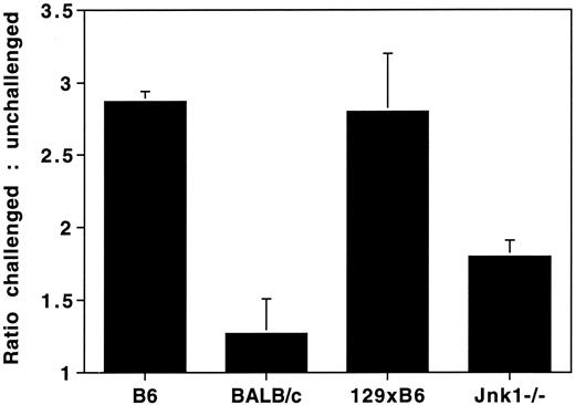 FIGURE 2. L. major-specific DTH responses are impaired in Jnk1−/− mice. Mice were infected in the right foot with 2 × 106 stationary phase L. major promastigotes in 10 μl PBS. Six weeks after infection, the uninfected left feet were challenged with 40 μg L. major lysate in 10 μl PBS. Footpad thickness of the left feet before and 48 h after lysate challenge was measured using spring-loaded calipers and the ratio of footpad thickness for each mouse before and after challenge calculated. For each group of mice, plots show the mean ratio ± SE, with n = 3.