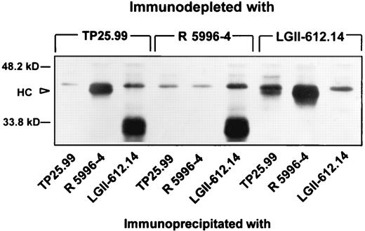 FIGURE 3. Structural relationship between the molecules recognized in a cultured human Daudi B lymphoid cell extract by mAb TP25.99 and by rabbit anti-β2m-free HLA class I heavy chain serum R 5996-4. A 1% Nonidet P-40 extract of [35S]methionine-labeled Daudi cells was immunodepleted with mAb TP25.99 (lanes 1–3) and with rabbit serum R 5996-4 (lanes 4–6). Each immunodepleted extract was immunoprecipitated with insolubilized mAb TP25.99 (lanes 1, 4, and 7) and rabbit serum R 5996-4 (lanes 2, 5, and 8). Ags were eluted and analyzed by SDS-PAGE in a 12% polyacrylamide gel in the presence of 2-ME. Gels were then processed for fluorography. Immunodepletion (lanes 7–9) and immunoprecipitation (lanes 3, 6, and 9) with anti-HLA class II mAb LGII-612.14 was used as a specificity control.