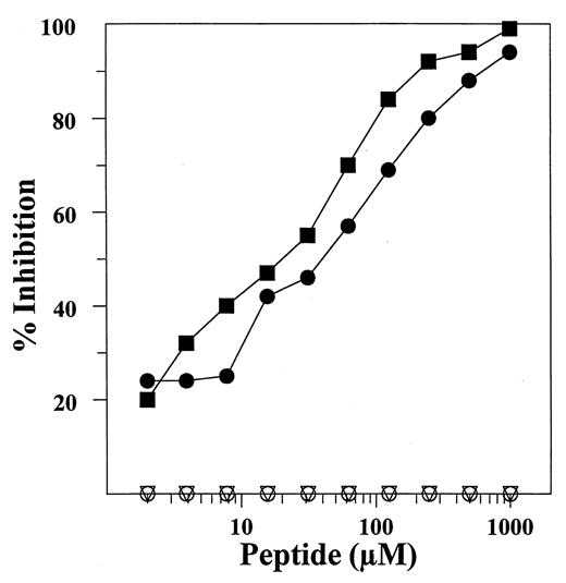 FIGURE 8. Dose-dependent inhibition by the cyclic LX-8 no. 1 peptide and the linear X19 no. 5 peptide of the reactivity of mAb TP25.99 with cyclic LX-8 no. 1 peptide coated plates. Varying amounts of the cyclic LX-8 no. 1 peptide (•), the linear LX-8 no. 1 C→S peptide (○), the linear X19 no. 5 peptide (▪), and the control no. 7 peptide (▿) were preincubated with mAb TP25.99. The mixture was then transferred to wells coated with glutaraldehyde cross-linked cyclic LX-8 no. 1 peptide. Reactivity of mAb TP25.99 with the synthetic peptide was determined by addition of GAM-HRP conjugate.