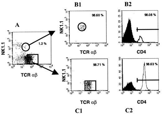 FIGURE 1. Purity of NK1.1+CD4+TCRαβint T cells from the spleen of a C57BL/6 mouse. A, FACScan analysis of NK1.1/TCRαβ spleen cell suspension after depletion of CD8+ cells, B cells, macrophages, and granulocytes. The populations used are depicted as a circle (NK1.1+TCRαβint) and a square (NK1.1−TCRαβ+). B, Purity of NK1.1+CD4+TCRαβint T cells. C, Purity of NK1.1−CD4+ TCRαβ+ T cells.