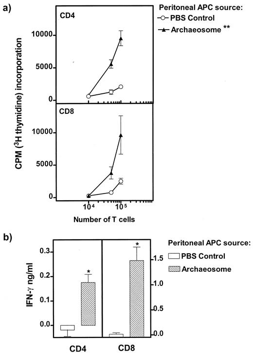 FIGURE 8. Stimulation of allo-specific T cells by peritoneal exudate cells from archaeosome-treated mice. BALB/c mice (n = 3) were treated with archaeosomes or PBS as detailed in Fig. 5, and 5 days later the peritoneal exudate cells were recovered. Cells (104) were washed, counted, irradiated, and used as APCs to stimulate allo-specific (H-2Kb) purified CD4+ and CD8+ T cells. The proliferation of the T cells was monitored by 3H incorporation at 72 h (a). IFN-γ production in the supernatant at 72 h was assayed by ELISA (b). Data represent the mean ± SD of values from triplicate cultures. ∗∗, Values statistically significant by ANOVA (p < 0.0001) for archaeosomes compared with PBS control. ∗, Values statistically significant by Student’s t test (p < 0.001) for archaeosomes compared with PBS control.