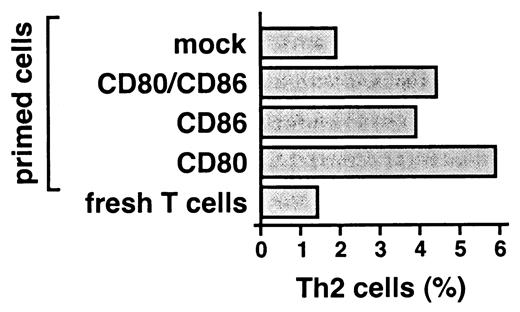 FIGURE 2. Engagement of CD28 by its natural ligands, CD80, and/or CD86 is sufficient to induce Th2 cell differentiation from CD4+ memory T cells. CD4+ memory T cells were primed with human myeloma cells expressing CD80, CD86, or CD80 and CD86 after transfection employing a recombinant adeno-associated virus vector. For control, memory cells were cultured with mock-transfected myeloma cells. Intracellular cytokines produced by CD4+ memory T cells were detected by flow cytometry as described in Materials and Methods. Data from one of two independent experiments carried out are shown.