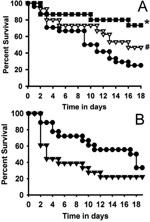 FIGURE 1. Survival after zymosan challenge with intratracheal Ad/hIL-10, Ad/vIL-10, Ad/empty, and buffer pretreatment. A, Eighteen-day survival was significantly improved in mice pretreated intratracheally with Ad/hIL-10 (▿; 47%; #, p < 0.05) and Ad/vIL-10 (▪; 73%; ∗, p < 0.001), as compared with mice treated with buffer alone (•; 25%). B, Early mortality (days 1–4) was modestly increased in the mice pretreated with the Ad/empty, as compared with buffer alone (p > 0.05 by Fisher’s exact test). However, 18-day survival was not significantly different in the animals pretreated with Ad/empty (▾; 22%) as compared with mice pretreated with buffer alone (•; 33%; p = 0.3).