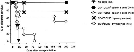 FIGURE 9. Survival of allografts in secondary LEW.1A recipients after transfer of CD4+CD25+ or CD4+CD25− spleen or thymus T cells from tolerant LF15-0195-treated recipients. Secondary LEW.1A recipients were irradiated with 4.5 Gy 1 day before transfer of 5 × 106 syngeneic CD4+CD25+ or CD4+CD25− spleen or thymus T cells from tolerant LF15-0195-treated recipients and were transplanted with LEW.1W heart allografts. ∗, p < 0.05 (Student’s t test).
