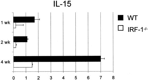 FIGURE 5. Lower expression of IL-15 mRNA in the skin of IRF-1−/− mice. EC suspensions were prepared from WT and IRF-1−/− mice at the indicated ages. cDNA was prepared and real-time PCR for IL-15 and GAPDH was performed. Results represent the relative expression of IL-15 mRNA after normalization to GAPDH mRNA (mean ± SD) in ECs from WT or IRF-1−/− mice.