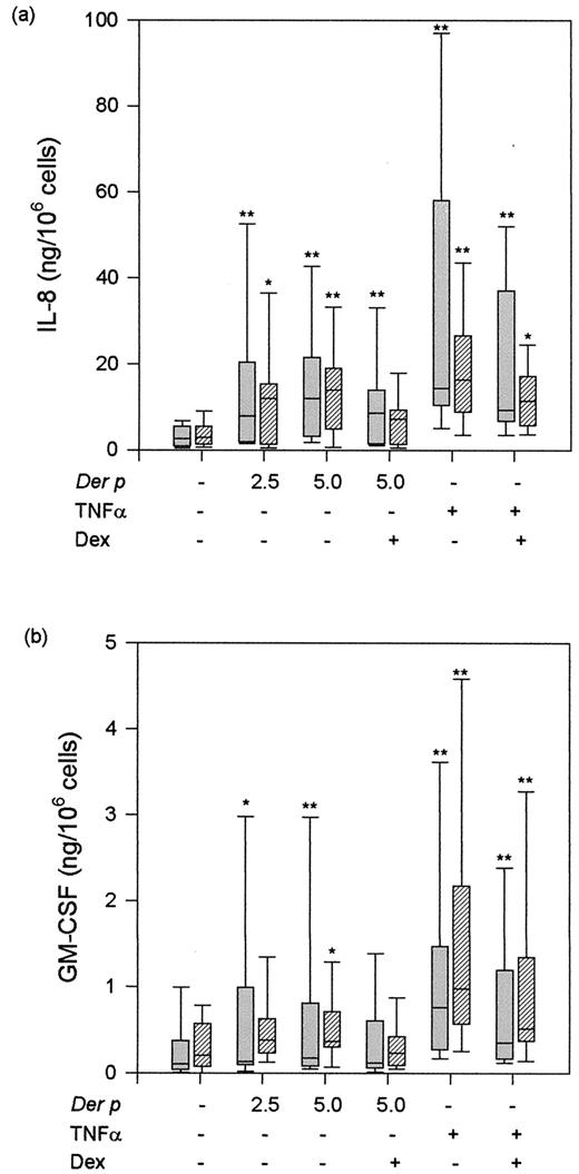 FIGURE 2. IL-8 (a) and GM-CSF (b) production by primary bronchial epithelial cell cultures of normal (gray bars, n = 12) and atopic asthmatic (hatched bars, n = 14) subjects after exposure in medium alone or with Der p allergen (indicated as 2.5 and 5.0 for 2,500, or 5000 U/ml, respectively) or TNF-α (20 ng/ml) for 24 h in the absence or presence of dexamethasone (10−6 M). The box plots show the median and interquartile range, and the bars show the 10th and 90th percentiles. ∗, p < 0.05; ∗∗, p < 0.01 vs control, untreated cells.