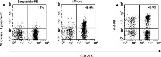 FIGURE 5. Detection of naive T cells with AAPC. OT-II-transgenic T cells from OT-II-transgenic spleens were stained with I-Ab-OVA323–339 liposomes (middle panel) and anti-CD4 after exclusion of CD8-, B2.20-, and CD11c-positive cells. For comparison, staining of the same spleen cells with SA-PE-liposomes is shown as a negative control (left panel) and with anti-Vα2 Ab as a positive control to evaluate the overall selection of this Vα2-transgenic T cell (varies from 40 to 85% on a non-Cα KO; right panel).