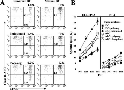 FIGURE 4. Migration and immunostimulatory function of immature and mature DC. In situ maturation with Imiquimod. A, Flow cytometry analysis: Experimental details are as described in Fig. 2A, except that the ear pinna was pretreated with Imiquimod and poly-arg 4 h before DC injection. Data in each panel depict cells that are gated for size and are CD11c+. The percentage of total lymph node cells that are class II+ and CFSE+ is indicated within each quadrant. The number on top of each panel indicates the percentage of migration of injected DC. B, Functional analysis. Details are as described in Fig. 2B, except that the ear pinna was pretreated with Imiquimod and poly-arg 4 h before DC injection. Data are representative of two experiments.