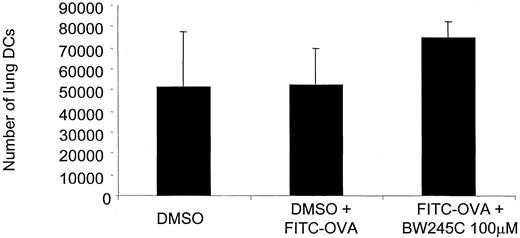 FIGURE 2. Effect of BW245C on lung DCs. On day 0, mice were instilled intratracheally with 10 mg/ml FITC-OVA with or without BW245C. On day 2, lungs were enzymatically digested and stained for the presence of FITC+ MHC II+ CD11c+ DCs. Results are shown as the mean ± SD and are representative of 10–12 mice/group.