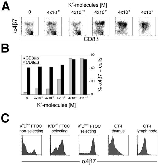 FIGURE 4. α4β7 integrin is up-regulated in response to positive selection in FTOC. A, Thymic lobes were excised from OT-I KbDb−/− RAG−/− embryos at gestational day 16 and were cultured in vitro with H-2Kb tetramer loaded with the peptide SIINFEKL at the indicated concentrations. Lobes were harvested after 7 days in culture and were analyzed by flow cytometry after staining for CD4, CD8α, CD8β, and α4β7 integrin. Data presented are gated on CD8α+ cells. B, Quantitation of the data in A. Data are presented as mean of duplicate samples and represent data from two independent experiments. C, Cells were harvested from OT-I KbDb−/− FTOC cultures without addition of tetramer (non-selecting) or supplemented with 1 × 10−8 M H-2Kb tetramer loaded with SIINFEKL (selecting) or from OT-I KbDb+/+ FTOC cultures without addition of tetramer. Cells were also harvested from thymus and LN of adult OT-I RAG−/− mice. Cells were stained for α4β7 integrin. Data presented are gated on CD8α+ cells.