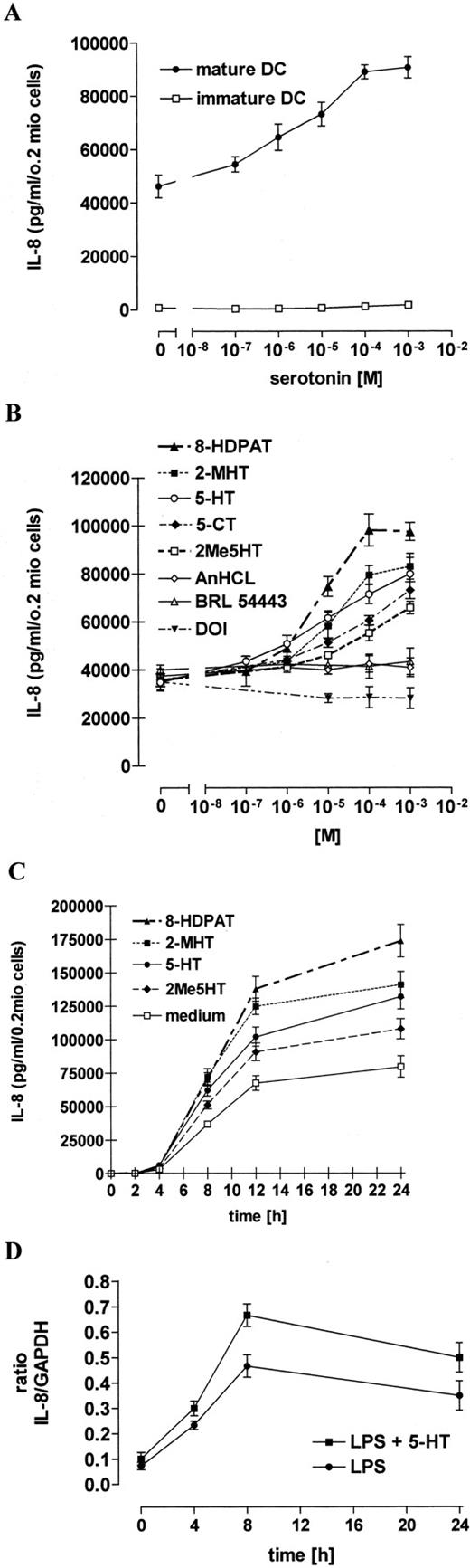 FIGURE 7. Stimulation of serotoninergic receptors induces secretion of IL-8 from mature but not immature DC. Immature and mature DC were stimulated with the indicated concentrations of 5-HT (A). Supernatants were collected 24 h after stimulation and IL-8 concentration was measured by ELISA. Results are given as mean ± SEM (n = 4). Mature DC were stimulated with the indicated concentrations of different 5-HTR agonists (B). Data are presented as mean ± SEM (n = 4). Time dependency of the 5-HTR induced IL-8 production in mature DC (C). DC were stimulated with optimal concentrations of the indicated agonists. Stimulation of cells and IL-8 measurement were performed as described for A. Data are presented as mean ± SEM (n = 3). IL-8 mRNA expression during LPS-induced DC maturation was analyzed in the absence or presence of 5-HT (D). Total RNA was isolated from DC (1 × 106) stimulated with LPS 3 μg/ml in the absence or presence of 10−4 M 5-HT for 4, 12, and 24 h. IL-8 mRNA expression was quantified as described in Materials and Methods. D, Number of transcripts is normalized to the number of copies of GAPDH ones. Data are means ± SEM (n = 4).
