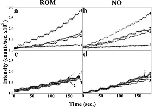 FIGURE 12. Rates of ROM (a and c) and NO (b and d) release from neutrophils of nonpregnant (a and b) and pregnant (c and d) women. ROM and NO release were measured for morphologically polarized cells in a matrix containing either dihydrotetramethylrhodamine (left-hand side) or diaminofluorescein-2 (right-hand side), respectively. The traces labeled 1–4 in each of the four panels are as follows: 1, control; 2, IFN-γ; 3, LPS; and 4, IFN-γ plus LPS. Although cells from nonpregnant women underwent normal activation, cells from pregnant women displayed an intermediate level of ROM and NO production that was unaffected by stimulants. n > 10.