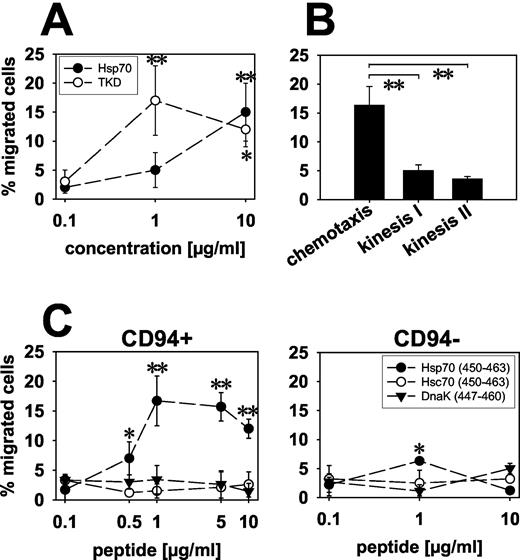 FIGURE 5. TKD induces migration selectively in CD94-positive NK cells. A, Migration of CD94-positive NK cells is inducible by human recombinant Hsp70 and TKD. CD94-positive NK cells were derived from MACS. Following stimulation with TKD (2 μg/ml) plus IL-2 (100 IU/ml) for 4 days, migration toward medium supplemented with Hsp70 (•) or TKD (○) was tested at concentrations ranging from 0.1 to 10 μg/ml. Results are shown as the mean ± SEM of three independent experiments. Statistically significant differences (Student’s t test), ∗, p < 0.05; ∗∗, p < 0.005. B, TKD induces chemotaxis but not chemokinesis. Migration of CD94+ NK cells, stimulated with TKD (2 μg/ml) plus IL-2 (100 IU/ml) for 4 days, was tested in a positive gradient (migration; 1 μg/ml TKD in the lower compartment), equal gradient (kinesis I; equal concentrations of 1 μg/ml TKD in the upper and lower compartments), or a negative gradient (kinesis II; 1 μg/ml TKD only in the upper compartment). Results are shown as the mean ± SEM of three independent experiments. Statistically significant differences between chemotaxis and chemokinesis (Student’s t test), ∗∗, p < 0.005. C, Migration of CD94-positive NK cells to TKD is concentration dependent and highly specific. TKD-activated CD94-positive NK cells were tested for their capacity to migrate toward TKD at concentrations ranging from 0.1 to 10 μg/ml TKD (left panel; •). Two closely related peptides derived from Hsc70 (aa 450–463; ○) and DnaK (aa 447–460; ▴) were included as controls. All peptides were diluted in RPMI 1640 medium containing 10% FCS. Identical experiments were performed with the CD94-depleted T cell subpopulation (CD94−; right panel). Results are shown as the mean ± SEM of five independent experiments. Statistically significant differences compared with initial values (Student’s t test), ∗, p < 0.05; ∗∗, p < 0.005.