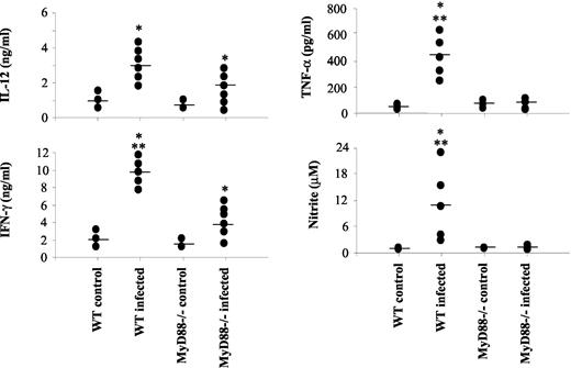 FIGURE 6. Impaired cytokine production by spleen cells from MyD88−/− mice infected with T. cruzi parasites. Male, 8-wk-old, WT or MyD88−/− mice were infected with 100 forms of the Y strain of T. cruzi, and splenocytes harvested at 10 postinfection for ex vivo evaluation of cytokine and RNI production. The results show the production of IL-12 (top left), TNF-α (top right), IFN-γ (bottom left) and nitrites (bottom right) by spleen cells from MyD88−/− as compared with C57BL/6 WT mice. One asterisk indicates that difference is statistically significant (p < 0.01) when comparing levels of cytokine and RNI production by spleen cells from infected mice and respective uninfected controls. Two asterisks indicate that difference is statistically significant (p < 0.05) when comparing levels of cytokine and RNI production by spleen cells from infected WT to infected MyD88−/− mice. The results shown are one representative of two different experiments.