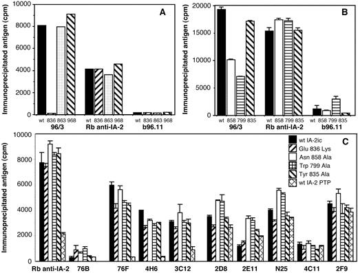 FIGURE 2. Influence of amino acid mutations on Ab binding to the IA-2 cytoplasmic domain (IA-2ic). A, Glu residues that potentially contribute to the epitope for 96/3 Ab were mutated to Lys and radiolabeled wild-type (wt, ▪) or mutated (white or hatched bars) IA-2ic generated by in vitro transcription and translation. Radioactivity (in cpm) of translated protein immunoprecipitated by 96/3 Ab, a rabbit polyclonal Ab to IA-2 (Rb anti-IA-2), or a human mAb to glutamate decarboxylase (b96.11) is shown. B, Amino acids Asn858, Trp799, and Tyr835 were each mutated to Ala and tested in immunoprecipitation assays as in A. C, The ability of nine mouse monoclonal IA-2 Abs to immunoprecipitate wild-type IA-2ic, mutant IA-2ic, or wild-type IA-2 PTP domain is shown. Results are shown as means of duplicate (A) or triplicate (+SEM) (B and C) observations.