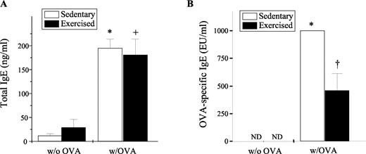 FIGURE 6. Exercise decreased OVA-specific IgE levels but not total IgE levels in the serum of OVA-sensitized mice. Serum samples were monitored for changes in total IgE (A) and OVA-specific IgE (B) levels via ELISA as described in Materials and Methods. Results for total IgE levels are reported as nanograms per milliliter protein; results for OVA-specific IgE totals are reported as EU/ml, with OVA-induced IgE arbitrarily assigned 1000 EU/ml (n = 6–9; ∗, p < 0.05 as compared with S; +, p < 0.05 as compared with E; †, p < 0.05 as compared with SO; ND, none detected).