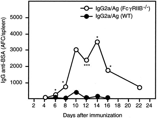 FIGURE 5. Enhanced IgG2a-mediated induction of single Ag-specific B cells in FcγRIIB−/− mice. WT CBA/J and FcγRIIB−/− mice, backcrossed to CBA/J for five generations, were immunized i.v. with 50 μg of IgG2a anti-TNP plus 20 μg of BSA-TNP plus 20 μg of OVA (as a specificity control) or 20 μg of BSA-TNP plus 20 μg of OVA alone. On the indicated days, three FcγRIIB−/− and three WT mice were sacrificed and the number of specific IgG-producing B cells was analyzed in a BSA-specific ELISPOT assay. Sera were also collected at each time point and IgG anti-BSA and anti-OVA titers were measured by ELISA (data not shown). ∗, p < 0.05; ∗∗, p < 0.01; ∗∗∗, p < 0.001. Numbers of IgG anti-OVA-specific ELISPOTs were not statistically higher in mice immunized with IgG/Ag than in control mice (data not shown). A representative of three independent experiments is shown.