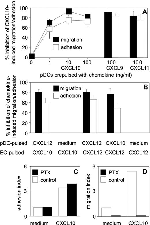 FIGURE 7. CXCL10 presentation-dependent, Gi-protein-mediated TEM of pDCs is prevented by soluble chemokines. A, Inhibition of CXCL10-mediated EC adhesion and TEM of pDCs by soluble CXCR3 ligands. Nonmodified pDCs or pDCs prepulsed with CXCL10 (1–100 ng/ml), CXCL9, or CXCL11 (100 ng/ml each) were allowed to adhere to and to transmigrate across CXCL10-loaded EC monolayers. Result are expressed as the mean percent inhibition (±SD) of TEM (▪) and adhesion (□). Zero percent (0%) inhibition corresponds to the migration/adhesion of nonpulsed pDCs on CXCL10-loaded ECs. B, Heterologous desensitization of chemokine presentation-dependent EC adhesion and TEM. Nonmodified pDCs or pDCs prepulsed with CXCL10 or CXCL12 (100 ng/ml each) were allowed to adhere to and to transmigrate across CXCL10- or CXCL12-loaded EC monolayers. Result are expressed as the mean percent inhibition (+SD) of TEM (▪) and adhesion (□). Zero percent (0%) inhibition corresponds to the migration/adhesion of nonpulsed pDCs on CXCL10- or CXCL12-loaded ECs. Note that soluble CXCL12 abolishes CXCL10-dependent responses and that CXCL10 as well as CXCL12 prevent CXCL12-dependent adhesion and TEM. C and D, CXCL10 presentation-dependent TEM is Gi protein-mediated while CXCL10 presentation-dependent EC adhesion of pDCs is a Gi protein-independent event. pDCs were exposed (▪) or were not exposed (□) to PTX before layering them onto CXCL10-loaded or non-loaded EC monolayers. Depicted are the adhesion (C) and migration indices (D) of pDCs relative to the adhesion/migration of non-PTX-treated pDCs on non-chemokine-pulsed ECs.