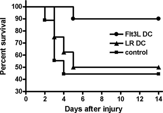 FIGURE 5. Adoptive transfer of dendritic cells from Flt3L-treated mice increases the resistance of recipient mice to a subsequent burn wound infection. Donor mice were treated with Flt3L or LR as a control treatment for 5 days, and spleens were harvested on day 6 for isolation of CD11c+ dendritic cells (DC). Recipient mice received an i.p. injection of 1 × 107 dendritic cells from either Flt3L-treated mice (n = 20 mice per group) or LR-injected mice (n = 8) or an equivalent volume of medium as a control (n = 23). Twenty-four hours later, mice were subjected to a burn injury and wound inoculation. Survival was monitored for 2 wk, and was significantly different between groups by log-rank test; p = 0.005.