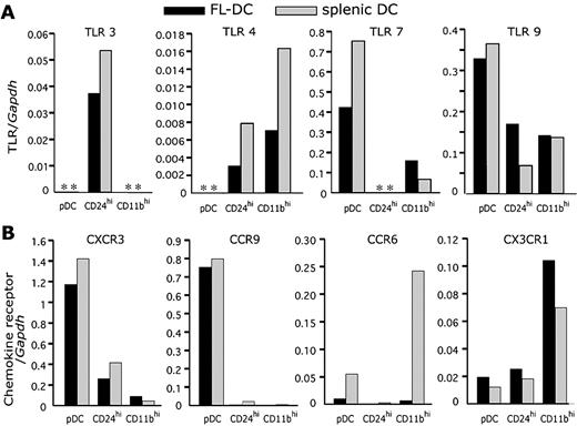 FIGURE 4. TLR and chemokine receptor expression. Real-time PCR was performed on sorted pDC, CD24high DC, or CD11bhigh DC for TLRs (A) and chemokine receptors (B). All values are expressed relative to GAPDH with asterisk (∗) indicating levels below detection. Data are representative of two independent experiments.