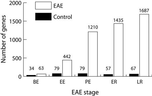 FIGURE 2. Cumulative gene expression changes in EAE and controls. The number of genes differentially expressed in spinal cords after immunization with MOG (□) or adjuvant alone (▪).
