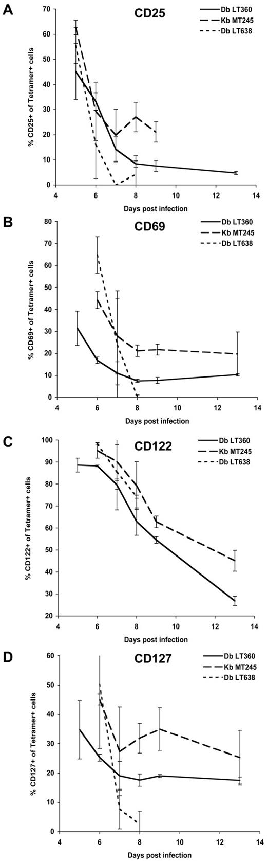 FIGURE 4. Phenotypic analysis of epitope-specific CD8+ T cell responses during PyV infection. On the indicated day after infection, the cell surface expression of CD25 (IL-2Rα; A), CD69 (B), CD122 (IL-2R/IL-15Rβ chain; C), and CD127 (IL-7Rα; D) on LT360-, MT245-, and LT638-specific CD8+ T cell populations in the spleen were analyzed by flow cytometry. Values represent the mean frequency ± SD (three mice) of a class I MHC tetramer+ CD8+ population that expresses a cell surface molecule.