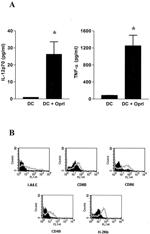 FIGURE 1. OprI activates and induces maturation of immature BMDC. Immature BMDC were incubated with OprI. A, IL-12p70 and TNF-α were assayed in culture supernatants. Results express mean values ± SD of three mice. ∗, p ≤ 0.05 compared with DC alone. B, Surface expression of MHC class I and class II molecules and of CD80, CD86, and CD40 costimulatory molecules (thick lines) was determined. Solid profiles represent fluorescence distribution of unstimulated immature BMDC stained with the respective Abs. Data are representative of one of three separate experiments.