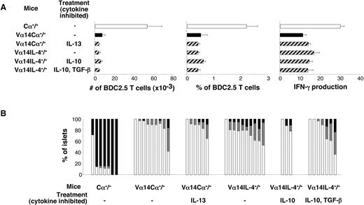 FIGURE 5. Role of cytokines in BDC2.5 T cell inhibition by NKT cells in vivo. CD62L+ BDC2.5 T cells were injected into recipient mice containing (Vα14Cα−/−) or not containing (Cα−/−) NKT cells. Recipient mice were treated with various cytokine-blocking reagents. On day 15 after BDC2.5 T cell transfer, mice were killed and lymphoid organs were analyzed. A, Absolute numbers and percentages of BDC2.5 T cells and their IFN-γ production were determined by immunofluorescence staining. B, Pancreatic histology was performed on days 15–20 for the six groups of mice. Insulitis was scored as described in Materials and Methods. Each recipient mouse corresponds to a bar.