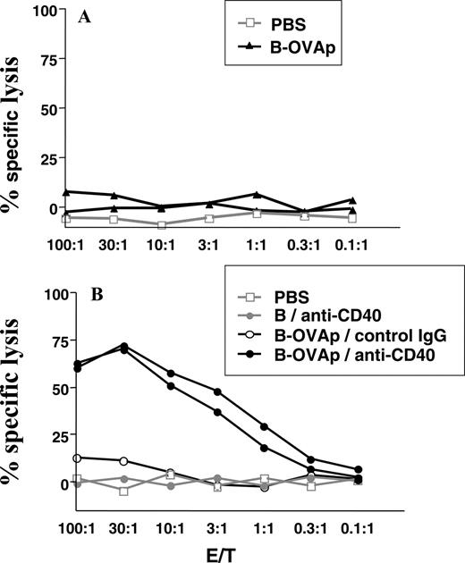 FIGURE 4. Microspheres delivering OVA257–264 do not trigger CTL responses unless CD40 signaling is provided. C57BL/6 mice received an i.v. injection of PBS or 109 B-OVAp (A), or were administered i.v. with PBS, 109 B-OVAp and 100 μg of anti-CD40 mAb (clone 3/23), 109 B-OVAp and 100 μg of control rat IgG, or 109 unloaded beads (B) and 100 μg of anti-CD40 mAb. Seven days later, spleen cells were harvested and restimulated for 5 days with the OVA257–264 peptide and irradiated syngeneic cells. Effector cells were then assayed for cytotoxic activity using 51Cr-labeled EL4 incubated with medium alone or with the OVA257–264 peptide. The percentage of 51Cr specifically released by OVA257–264-loaded target cells at varying E:T ratios was calculated after deduction of the nonspecific release by unloaded EL4. The nonspecific release was below 10%. Data are representative of one of three independent experiments performed with individual mice.