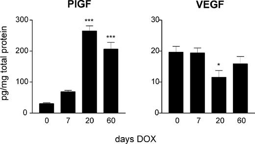 FIGURE 4. Expression of PlGF and VEGF in KS-like lesions. Total protein was extracted from the ears of iORF74 mice at the indicated times of DOX treatment. PlGF and VEGF-A concentrations were measured by quantitative ELISA. Expression levels were analyzed by one-way ANOVA, followed by Bonferroni’s multiple comparison test (∗, p < 0.05; ∗∗∗, p < 0.001).