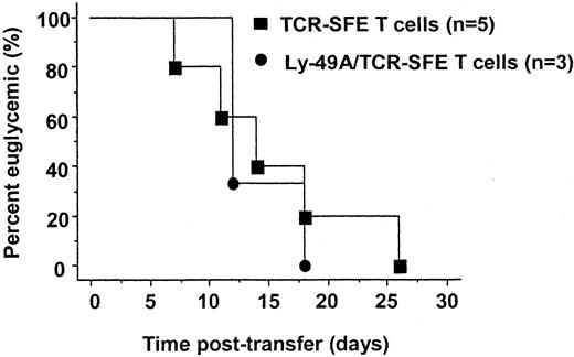 FIGURE 6. Ly-49A/TCR-SFE T cells elicit autoimmunity in mice lacking the Ly-49A ligand Dd. Blood glucose levels in Ins-HA/B10.HTG recipient mice were measured every 3–4 days following transfer of 2 × 106 TCR-SFE (▪) or Ly-49/TCR-SFE (•) CD4 cell equivalents. Onset of hyperglycemia is represented in a Kaplan-Meier plot with statistical significance determined by the log-rank (Mantel-Cox) test (p = 0.8051).