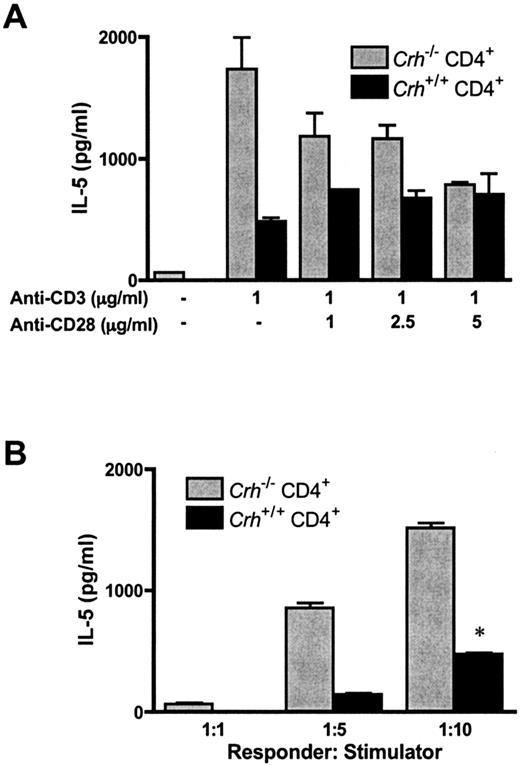 FIGURE 7. Th2 cytokine production by crh−/− CD4+ T cells. A, Naive CD4+ T cells (2 × 106 cells/ml in 200 μl) from crh−/− and crh+/+ mice were stimulated with plate-bound anti-CD3/anti-CD28 (5 μg/ml). B, MOG-specific CD4+ T cells (2 × 105 cells/ml in 200 μl), as described in Fig. 5, were incubated with the indicated ratios of MOG35–55-loaded, gamma-irradiated C57BL/6 APC for 48 h. The culture supernatant of the proliferation assay was saved 48 h after the stimulation. IL-5 production in the supernatant was examined by ELISA. ∗, p < 0.0001 (by two-way ANOVA). The data are representative of three experiments performed under the same conditions.