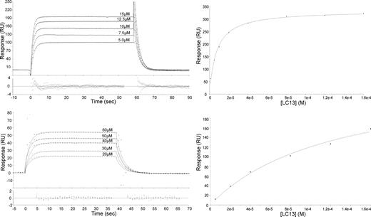 FIGURE 4. Binding kinetics monitored by SPR. A, Binding of increasing concentrations of the LC13 TCR (5–15 μM) injected over HLA-B8FLRGRAYGL. The curve fits are shown as solid lines overlaying the data points, and the corresponding residual plot is shown below. B, Equilibrium response (RU) for increasing concentrations of the LC13 TCR (2.5–160 μM) binding to HLA-B8FLRGRAYGL. The equilibrium dissociation constant (Kdeq) was calculated to be 8.2 μM by nonlinear regression. C, Kinetic data for the LC13 TCR (20–60 μM) binding to HLA-B8FLRGRFYGL. D, Equilibrium-binding response curve for the LC13 TCR (5–60 μM) binding to HLA-B8FLRGRFYGL; the equilibrium dissociation constant (Kdeq) was calculated as 138 μM. All results are shown as one representative experiment of three.