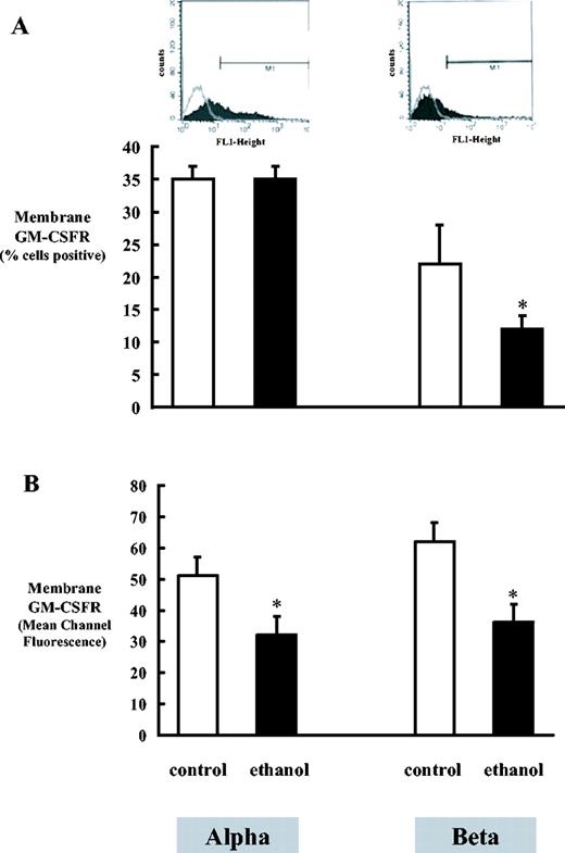 FIGURE 2. The effects of chronic ethanol ingestion on membrane expression of the GM-CSF receptor in alveolar macrophages, as determined by flow cytometry. A, The relative number of cells that were positive for the GM-CSFR α and β subunit, with cells from ethanol-fed rats expressed relative to cells from control-fed rats. Insets, Representative histograms of cell counts vs fluorescent intensity for the expression of GM-CSFR α and β (gray line) in alveolar macrophages from control-fed animals. The histograms on the left in each inset represent cells stained with an appropriate isotype-matched control Ab. B, The relative mean channel fluorescence per cell for those cells that were positive for the α and β subunit and again with the cells from ethanol-fed rats expressed relative to cells from control-fed rats. Each value represents the mean ± SEM of six determinations. ∗, p < 0.05 compared with control.