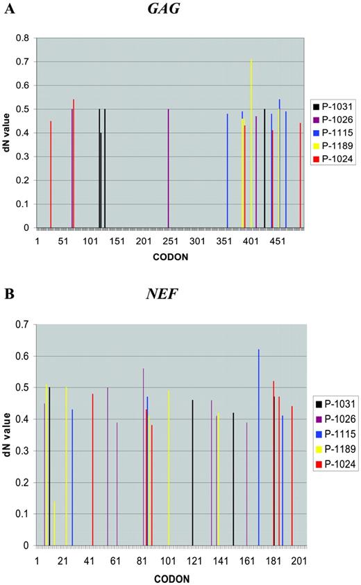FIGURE 4. Global infant distribution of nonsynonymous mutations (dN) over time in gag and nef genes. A, Infant dN values per amino acid position in the gag gene. B, Infant dN values per amino acid position in the nef gene.